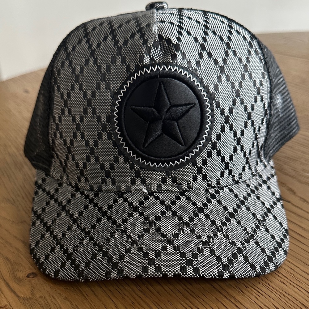 Men's Black Patterned Star Patch Trucker Cap